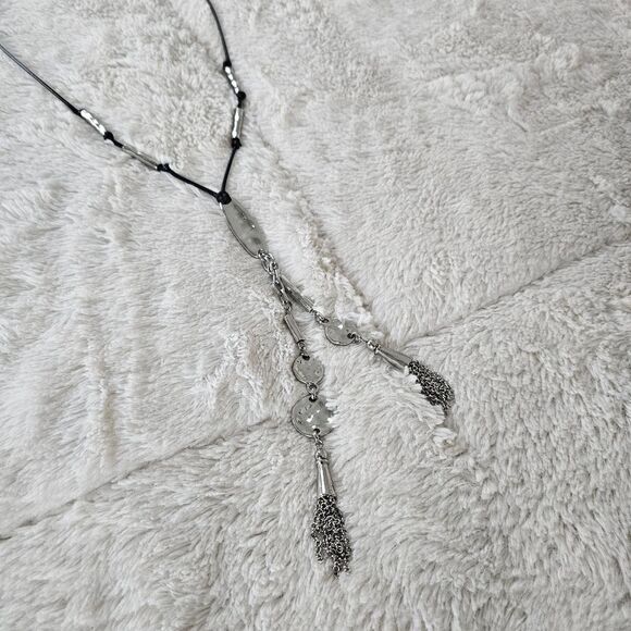 NEW Chico’s Long Black Leather Silver Tassel Necklace 13" Long plus Tassel - Picture 7 of 8